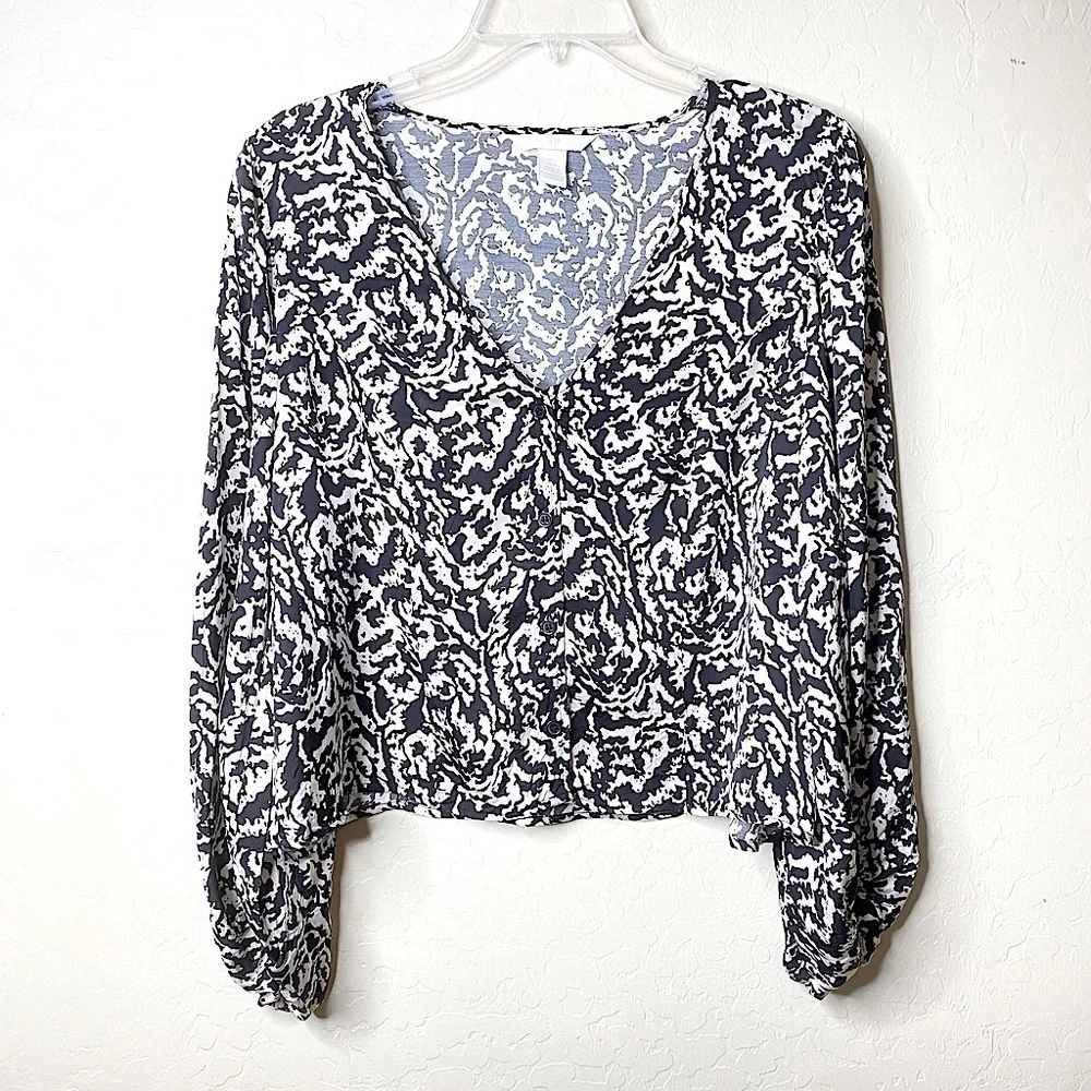 H&M Black & Cream Patterned Blouse Top Nwot Size Large L